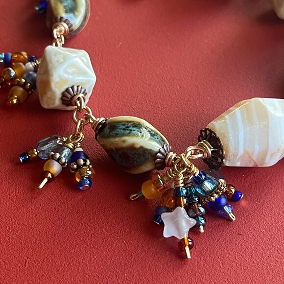 Boho Dangle Bracelet, Banded Agate Gemstone, Ceramic Beads, Wire Wrapped Dangles - Picture 5 of 15